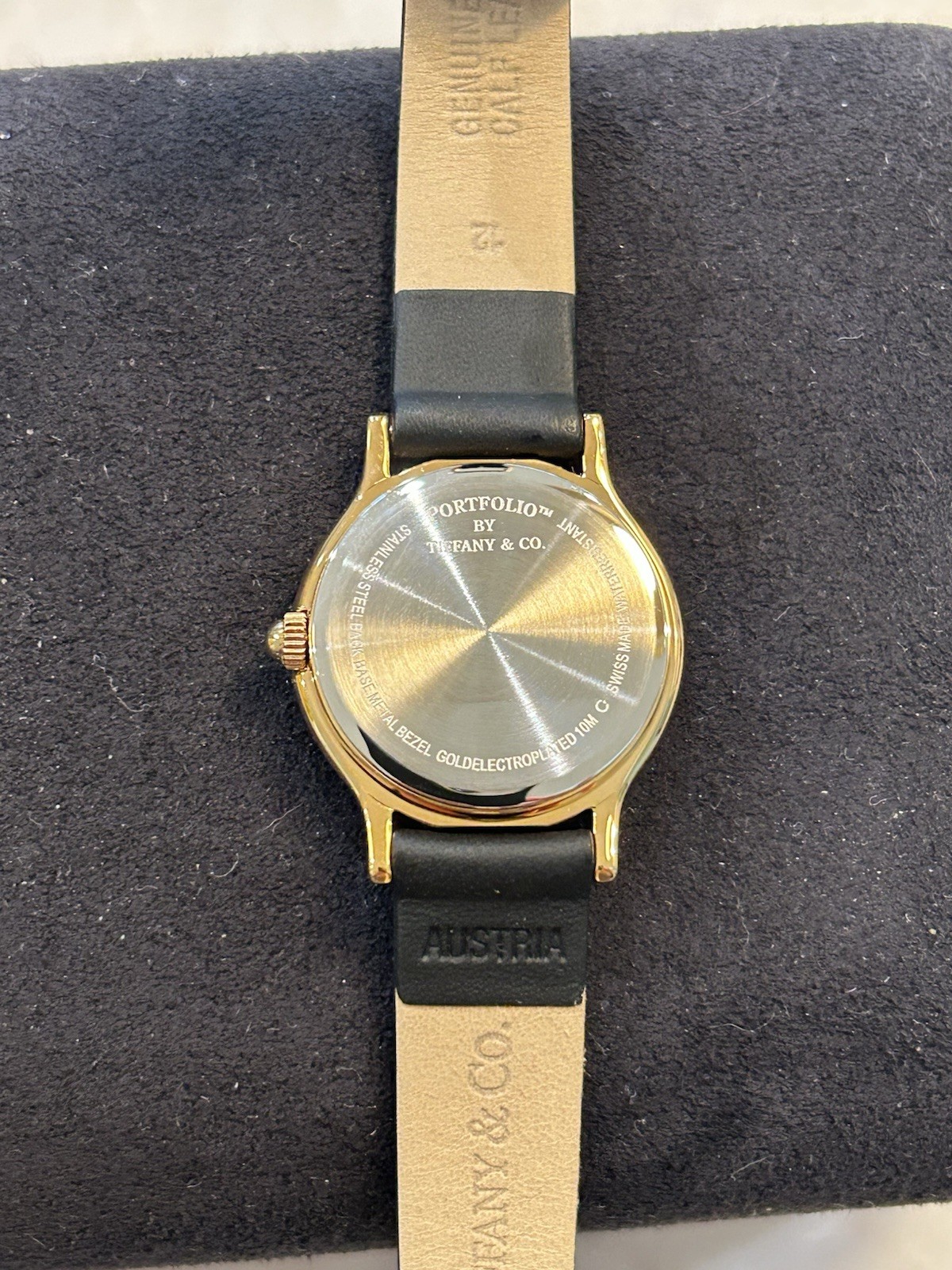 Tiffany & Co. Portfolio Gold Quartz Wristwatch Black Leather w/ Box