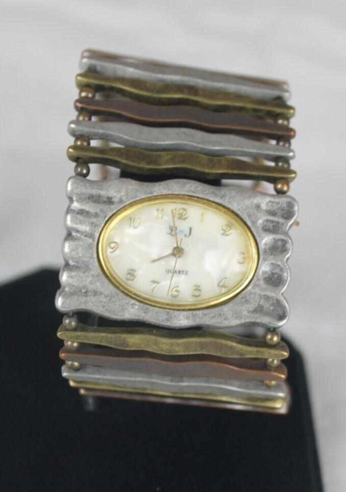 L & J Watch Silver Bronze Earth Tones Boho Woman Bracelet Oval Stretch Metal