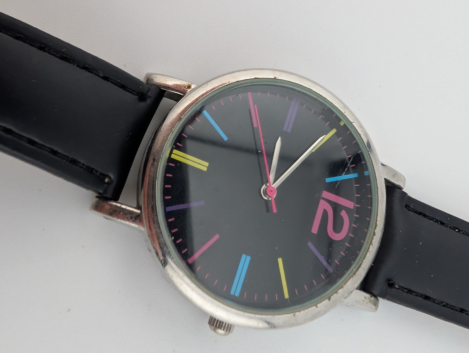 Classic Silver Tone 37mm Case Colorful Hour Mark Women’s Watch- New Battery