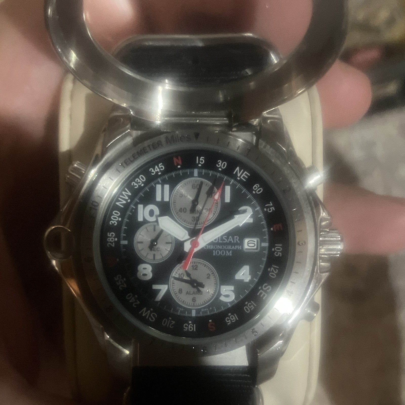 Seiko Mens Quartz Chronograph Date 100m Black Dial Silver SS Black Nylon