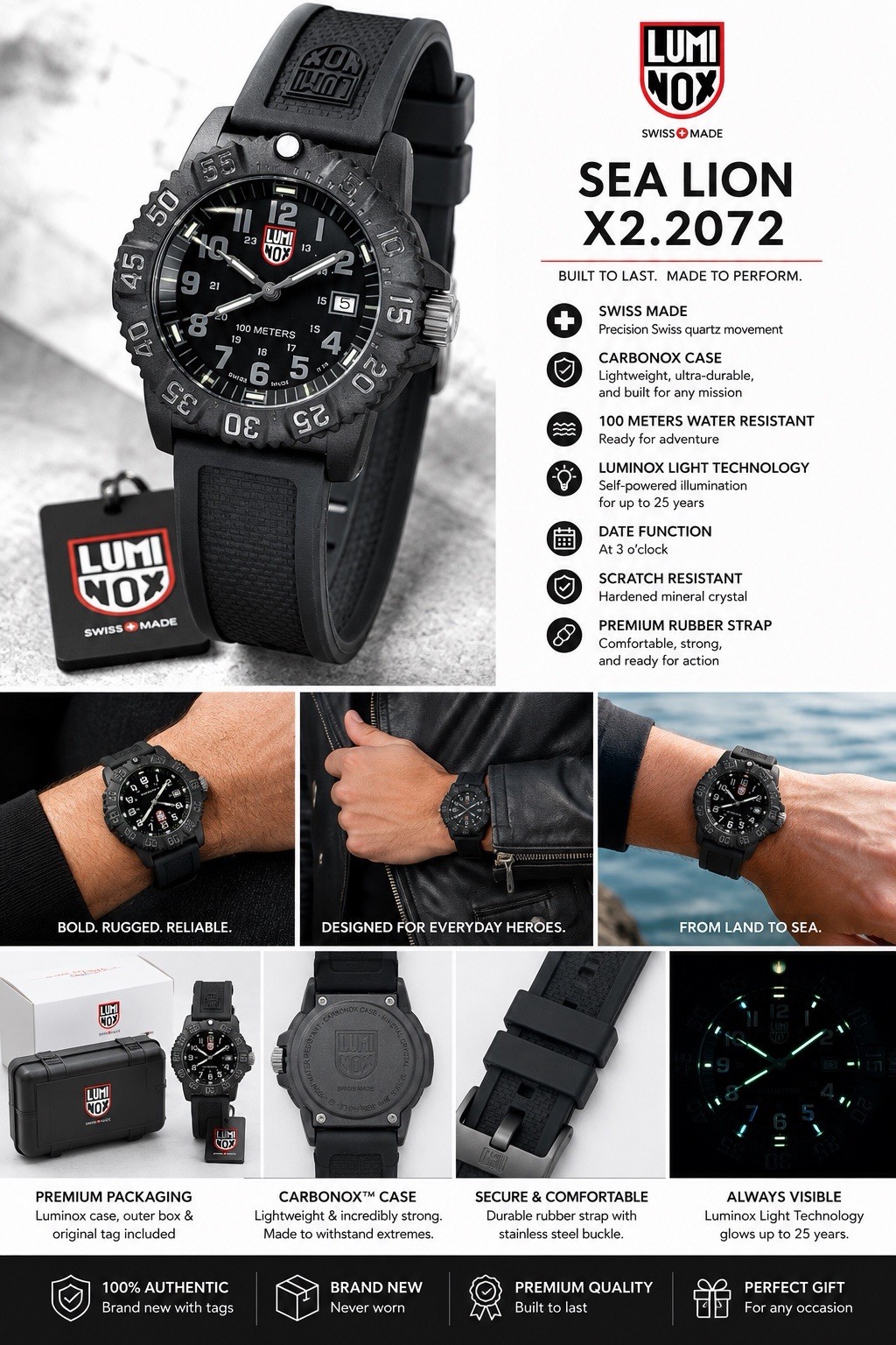 Luminox Sea Lion Men’s Quartz Date 100m Black Carbon Case Rubber Strap