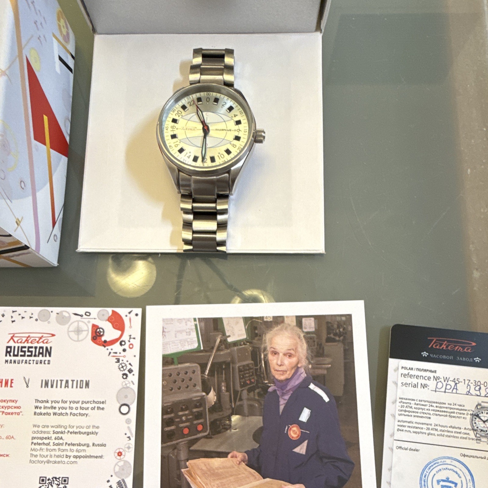 Raketa Polar Automatic 24-Hour Dial 44mm Silver Steel Bracelet 200m Box Papers