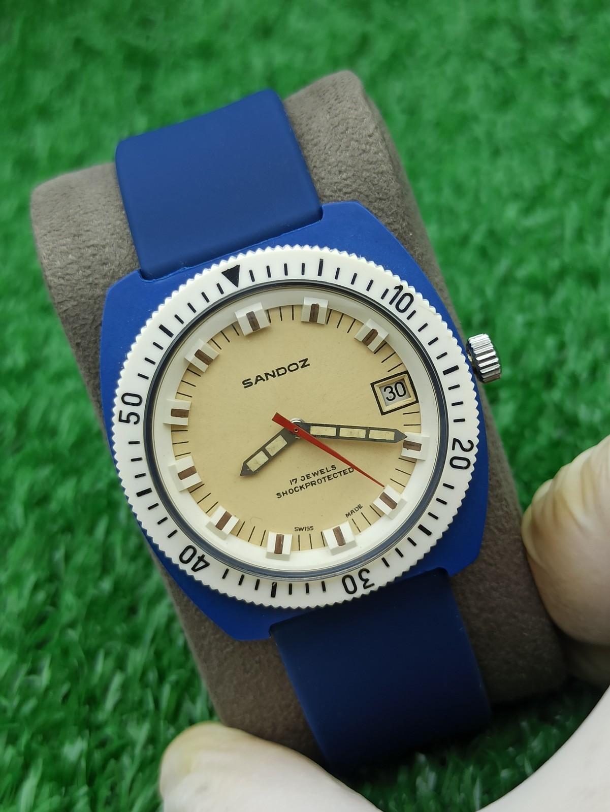 HYPER-RARE SANDOZ INCABLOC JUMBO DIVER BLUE WATCH MECHANICAL SWISS 1970s