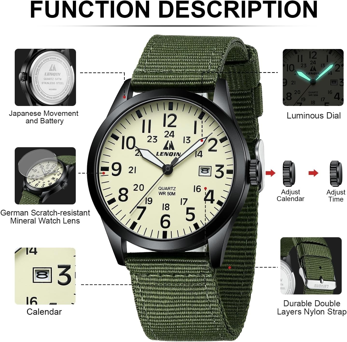 LN LENQIN Men’s Military Tactical Watch Analog Quartz Luminous Nylon Strap Water