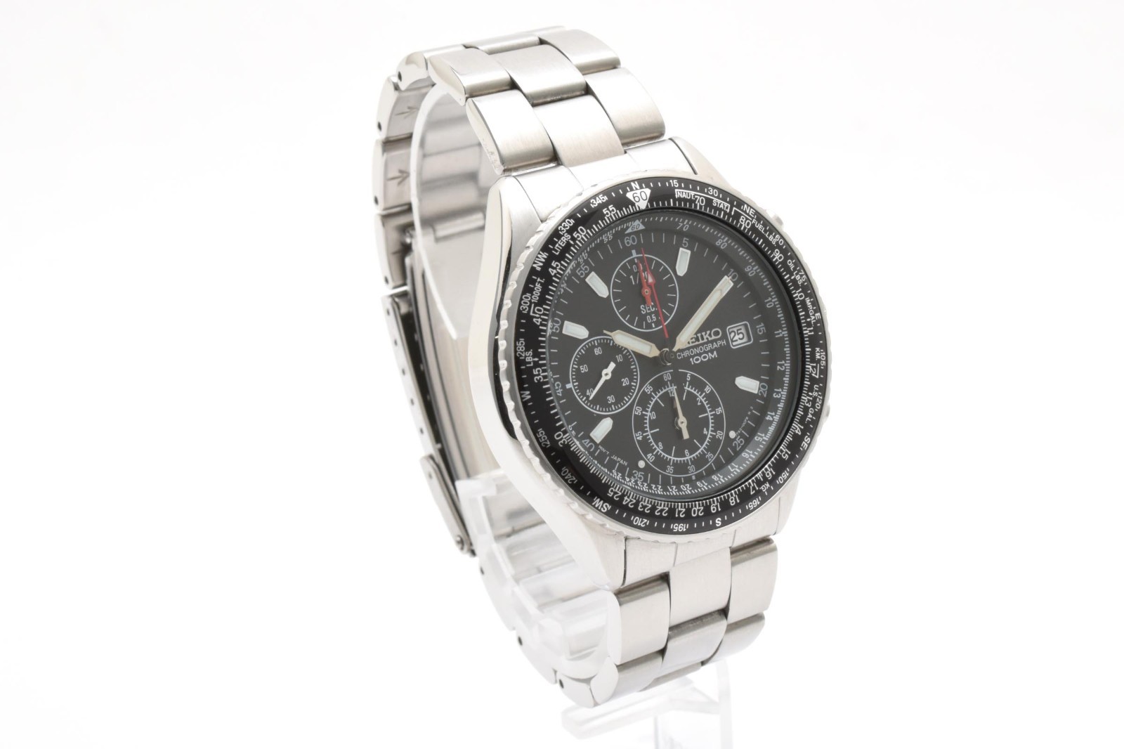 Seiko Flightmaster Pilot 7T92-0CF0 Chronograph Black Qz Men Vintage Watch