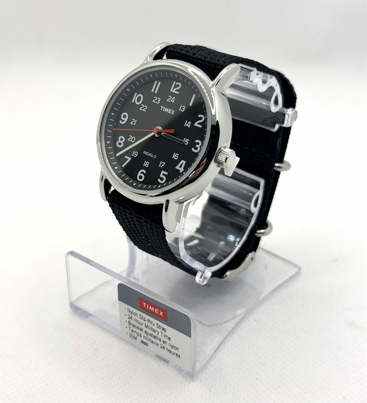 Timex Weekender T2N6479J 38mm Black Dial INDIGLO Nylon Slip-Thru Watch | New