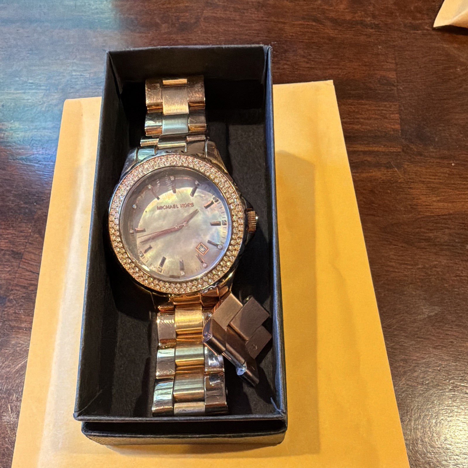 Michael Kors Rose Gold Mother of Pearl Dial Quartz Watch 100m Date Gem Bezel