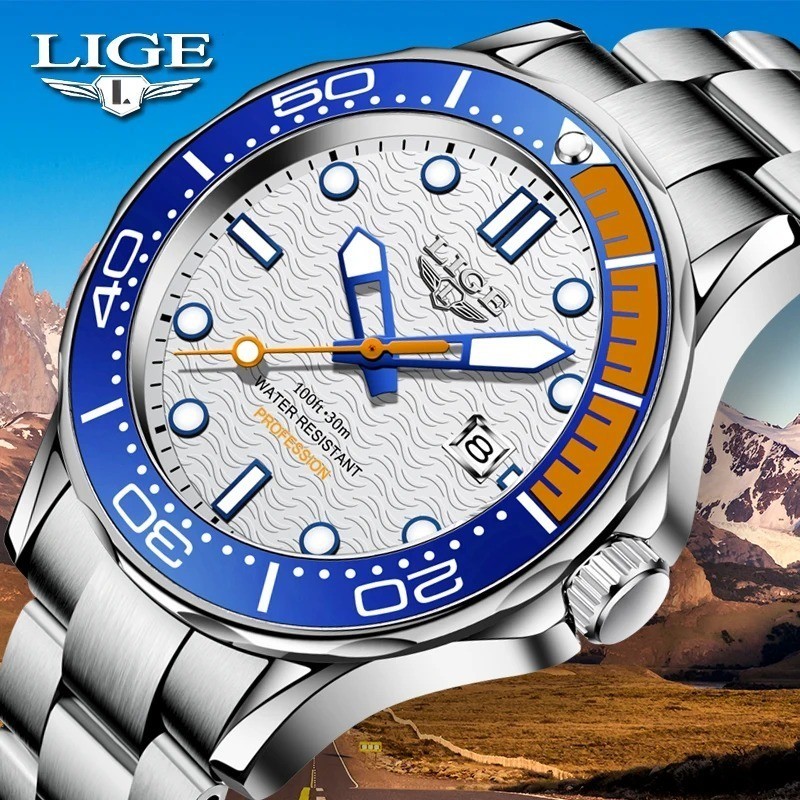 44MM LIGE Luxury Quartz Watch Men’s Diver Stainless 30M Waterproof Luminous NEW