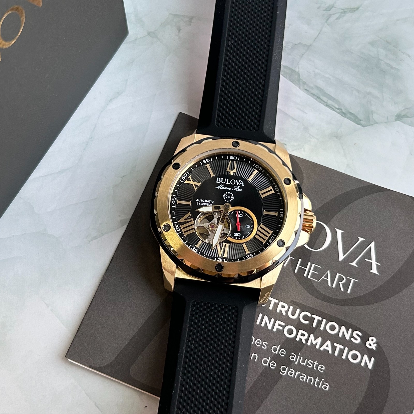 Bulova Marine Star 98A272 Black/Gold Dial Silicone Men Automatic Watch 45mm New