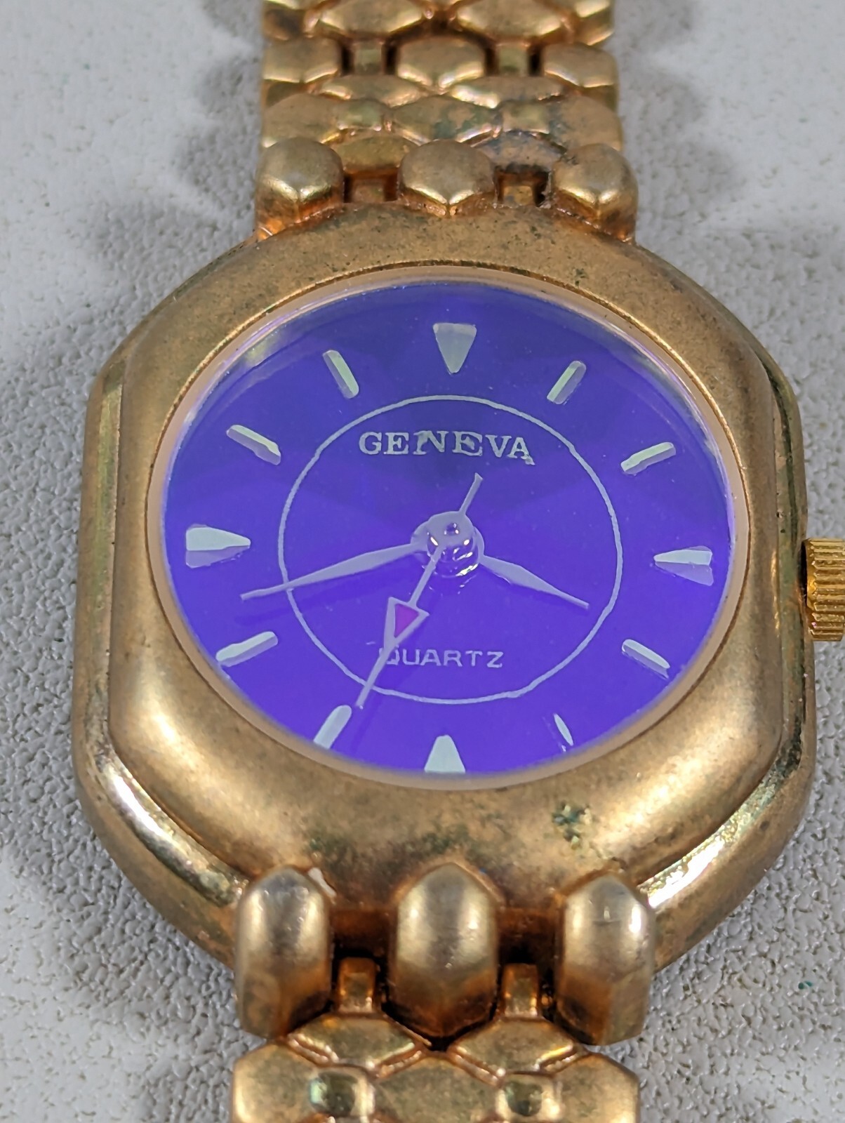Geneva Blue Purple Dial Raised Prism Crystal Gold Tone Case Bracelet Band Watch