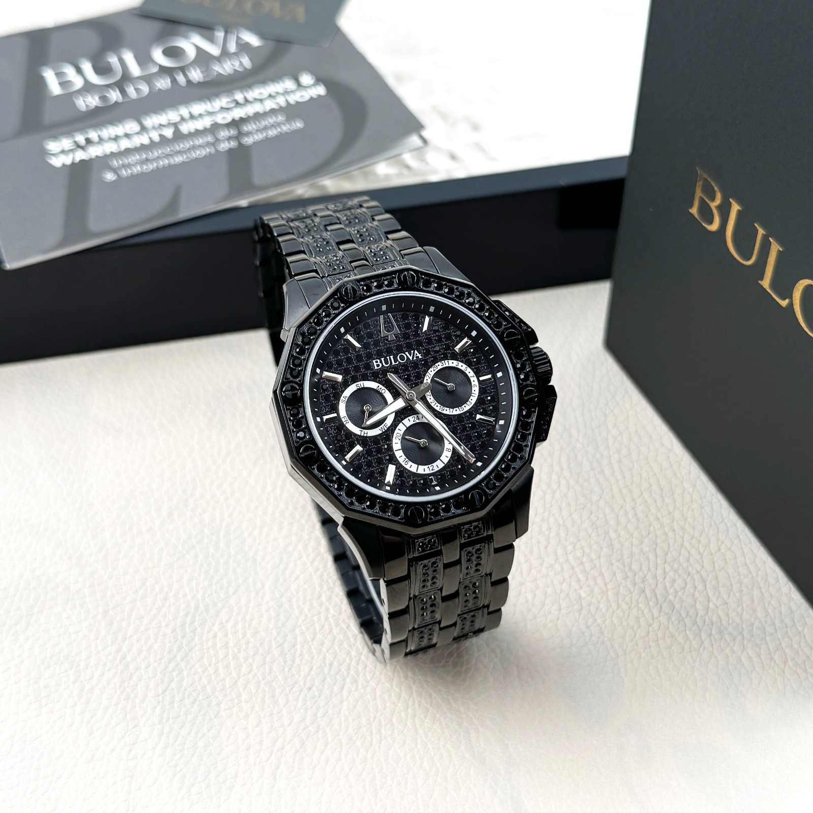 Bulova Octava Crystal Quartz Black Pave Dial Stainless Steel Men’s Watch 98C134