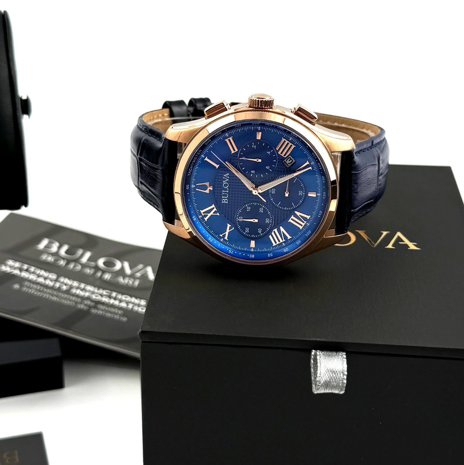 Bulova Wilton 97B170 Chronograph Quartz Blue Dial Leather Strap Men’s Watch