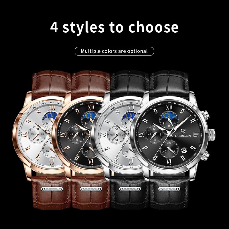 Men’s Watches Quartz Luminous Date Dial Waterproof Leather Business Wristwatch
