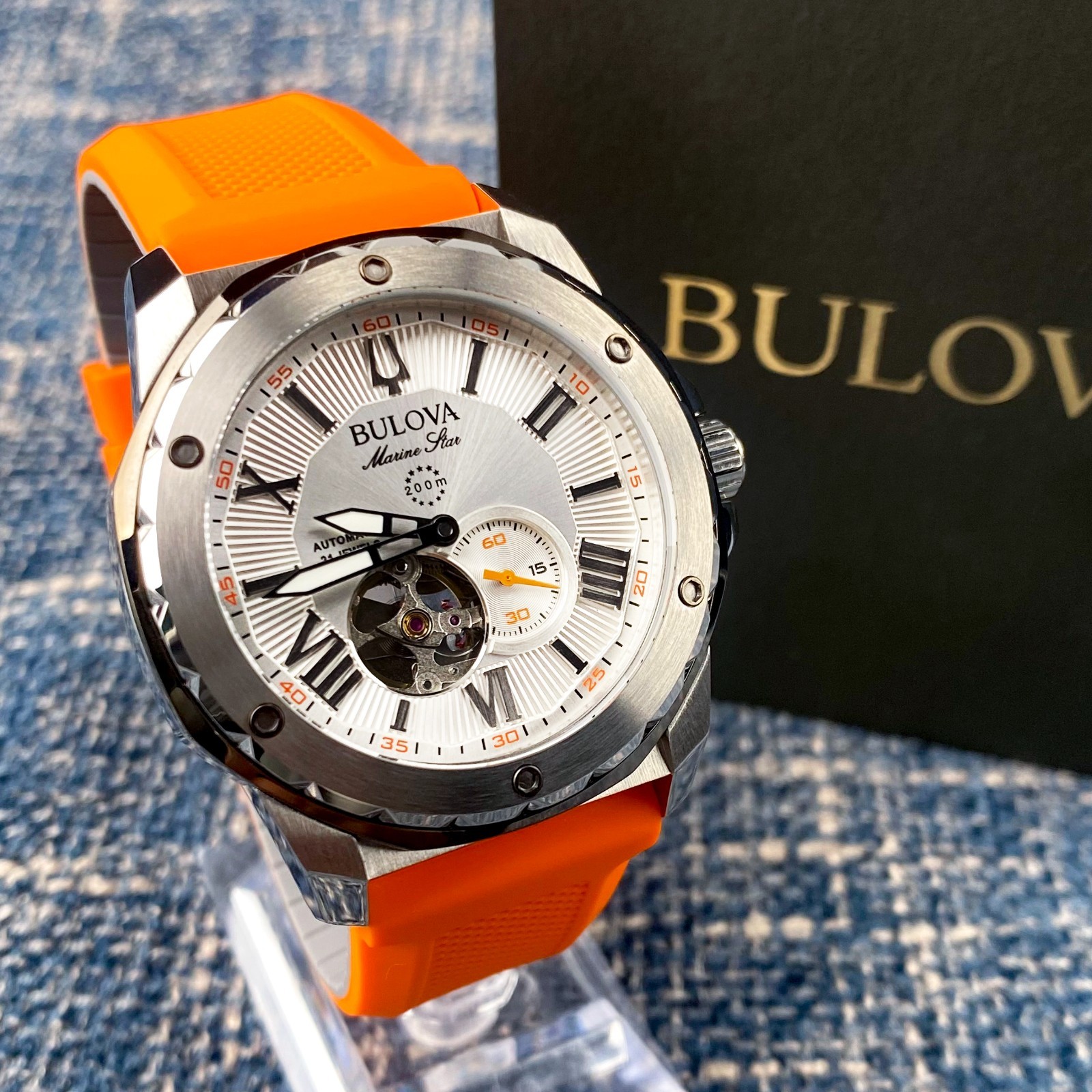 Bulova Marine Star Automatic White Dial Orange Rubber Strap Men’s Watch 98A226