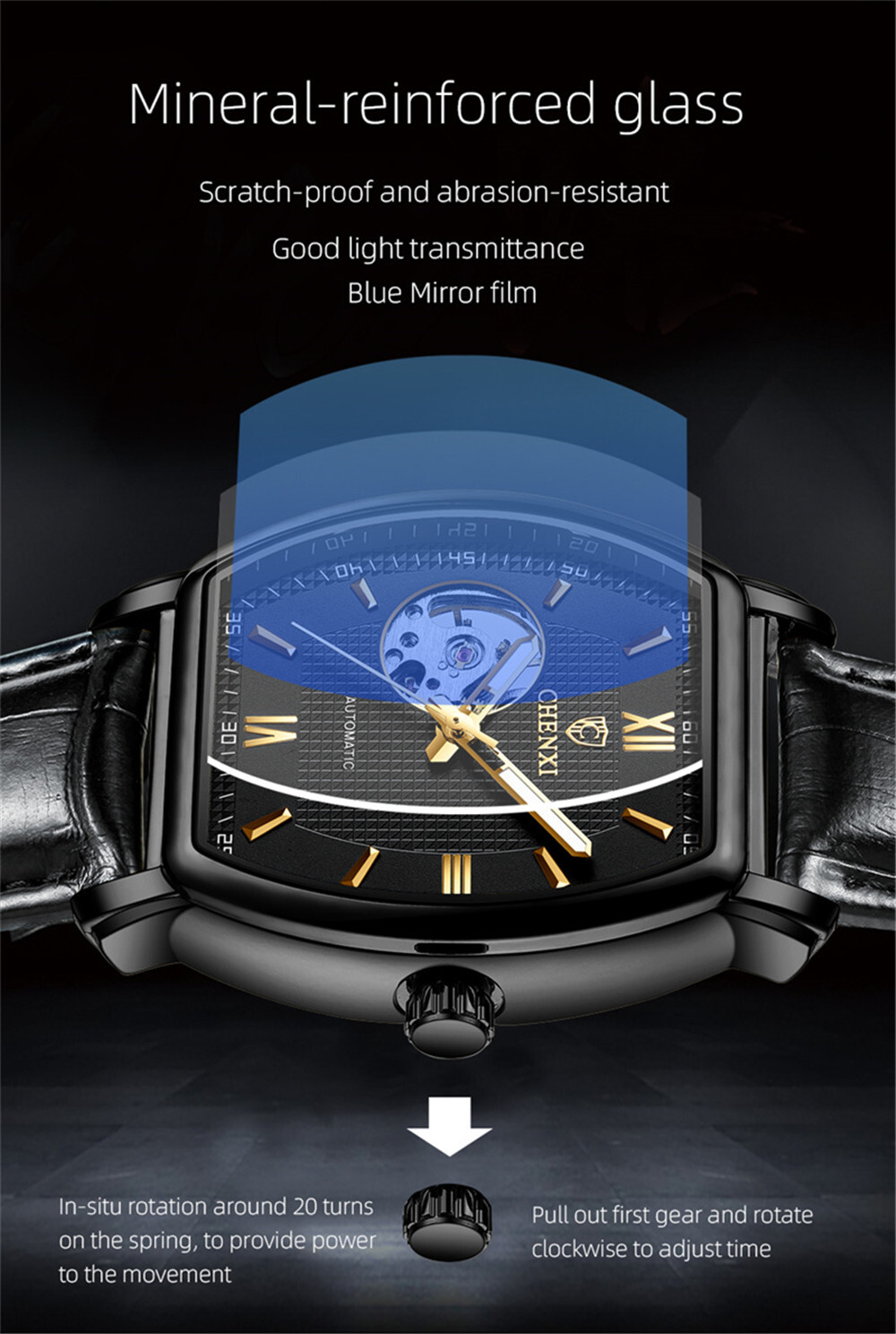 CHENXI Men Mechanical Watch Automatic Leather Rectangle Business Male Wristwatch