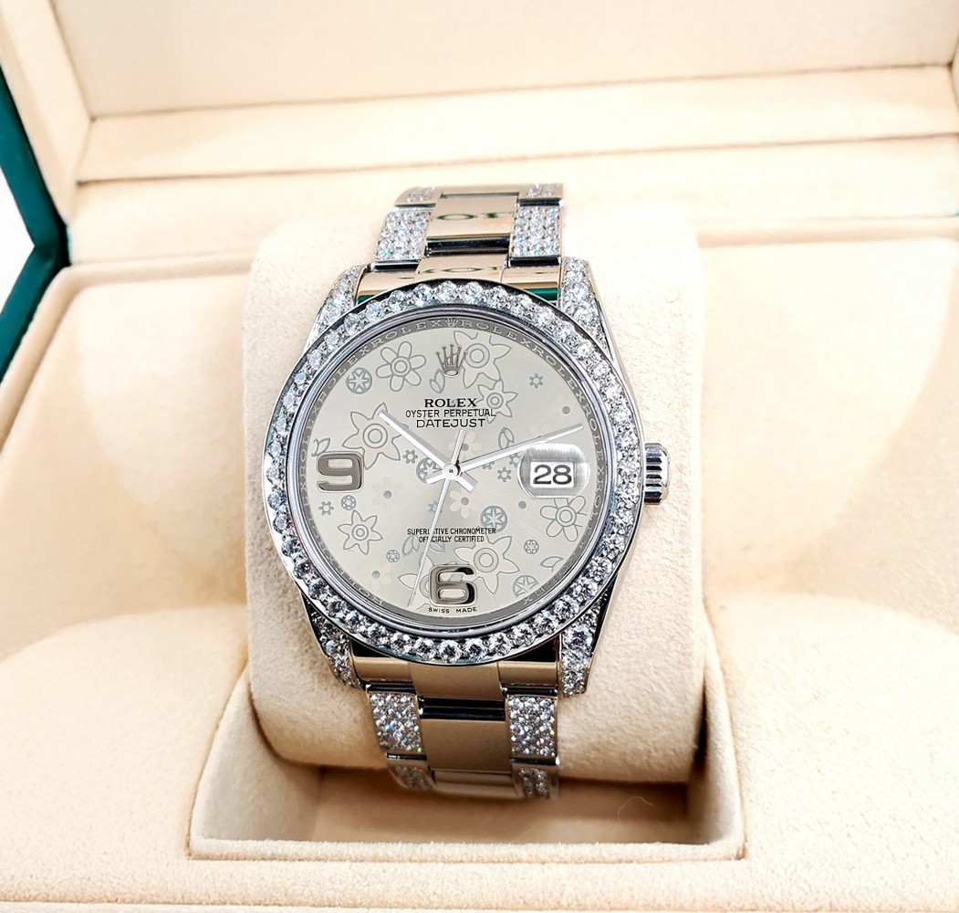 Rolex Datejust 36mm Silver Floral Dial Custom 5.9ct Diamond Bezel/Lugs/Bracelet
