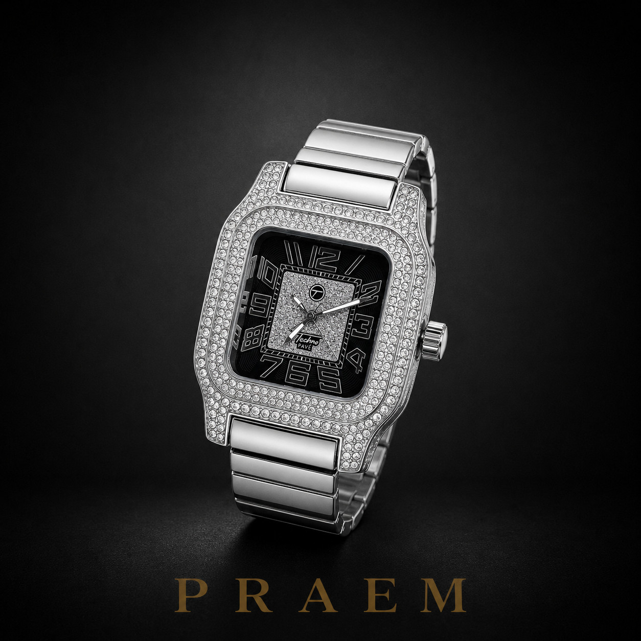 PRAEM Men’s Silver Plated Iced CZ Square Quartz Metal Band Watch Black Dial