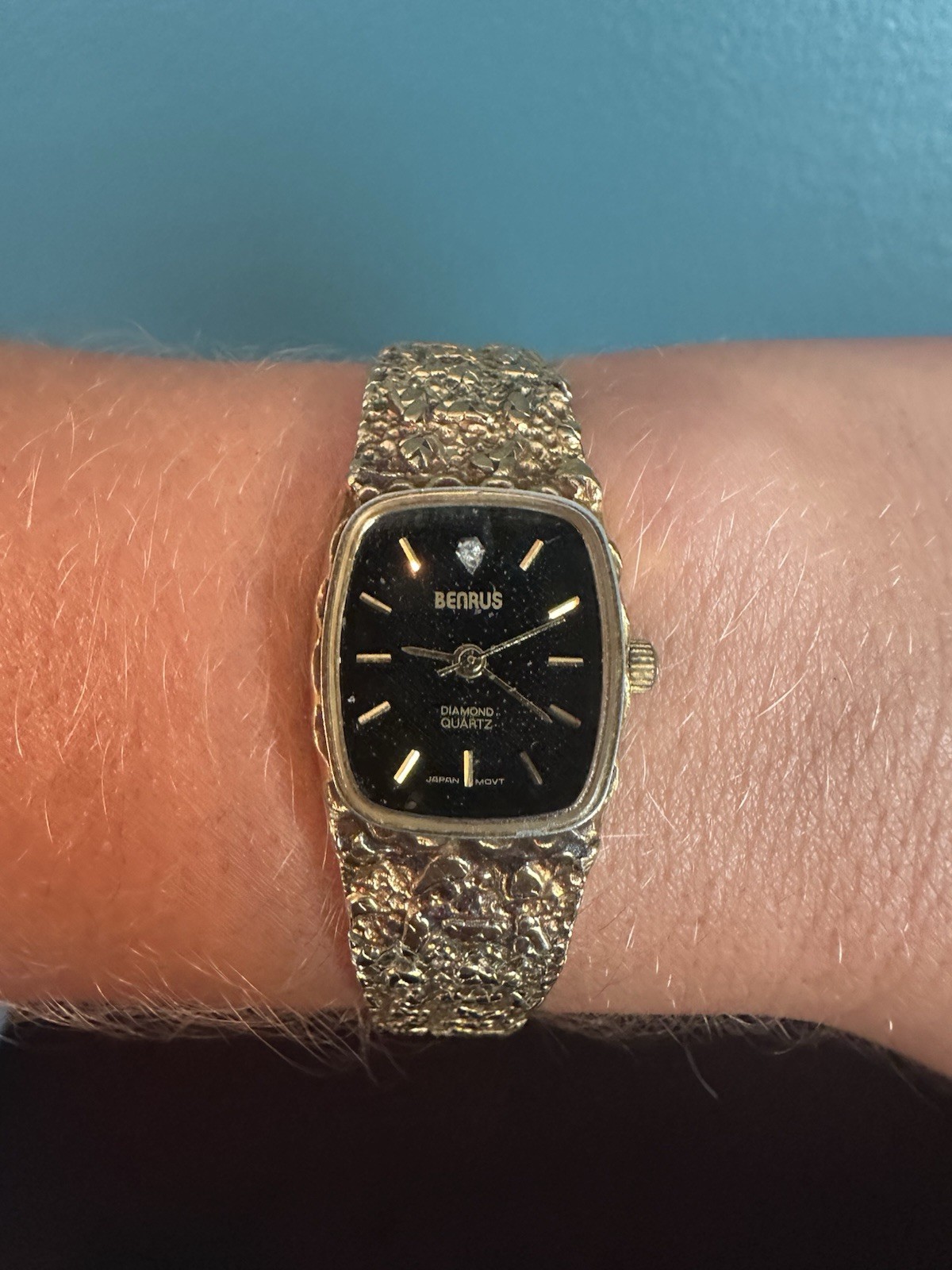 Benrus Diamond Quartz Women’s Gold-Tone Cushion Watch Black Dial Bracelet