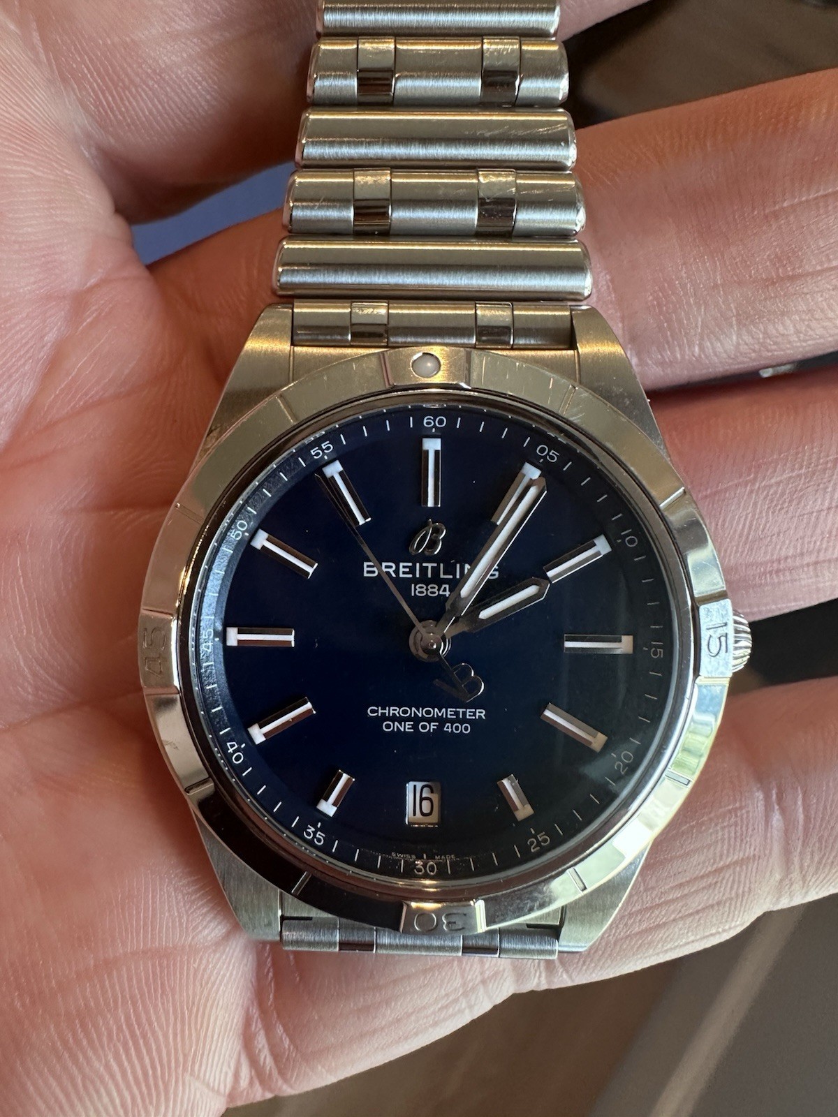 Breitling Chronomat 36mm Blue Dial Auto Chronometer Date SS Bracelet Box Papers