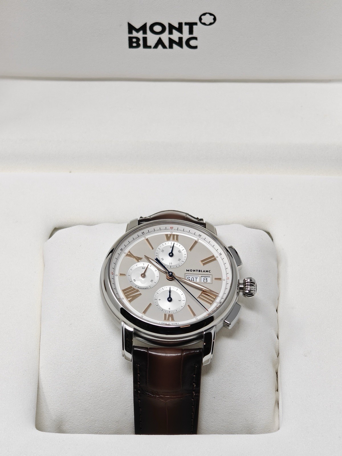 MontBlanc Star Legacy Day Date Chronograph Watch Brown Aligator Leather 126080