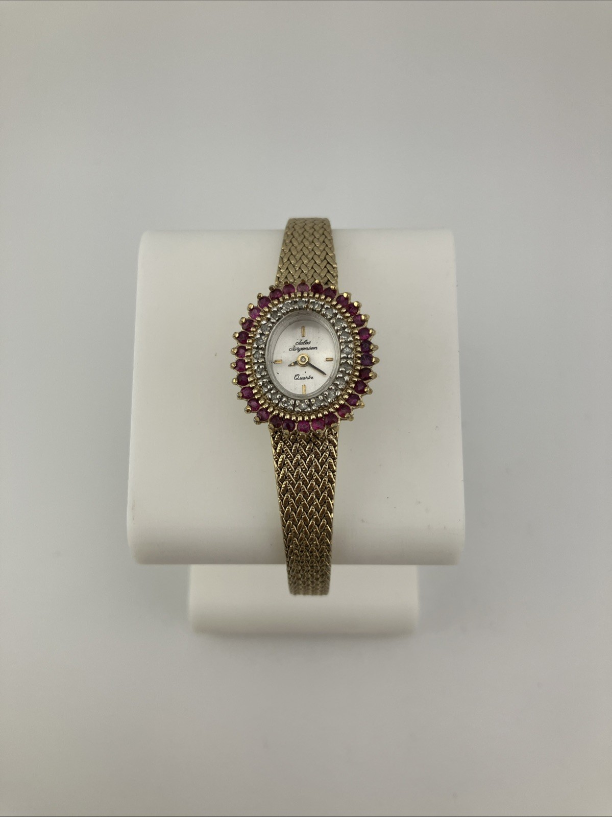 Vtg Jules Jurgensen Ladies 20mm Watch Gold Tone Diamon & Ruby Bezel Adjust -RUNS