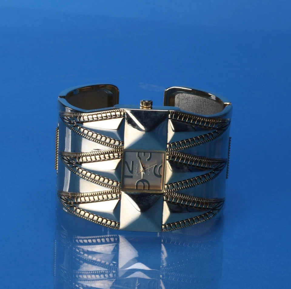 Women Designer Style Gold Finish Fashion Wide Bangle Cuff Fashion Watch