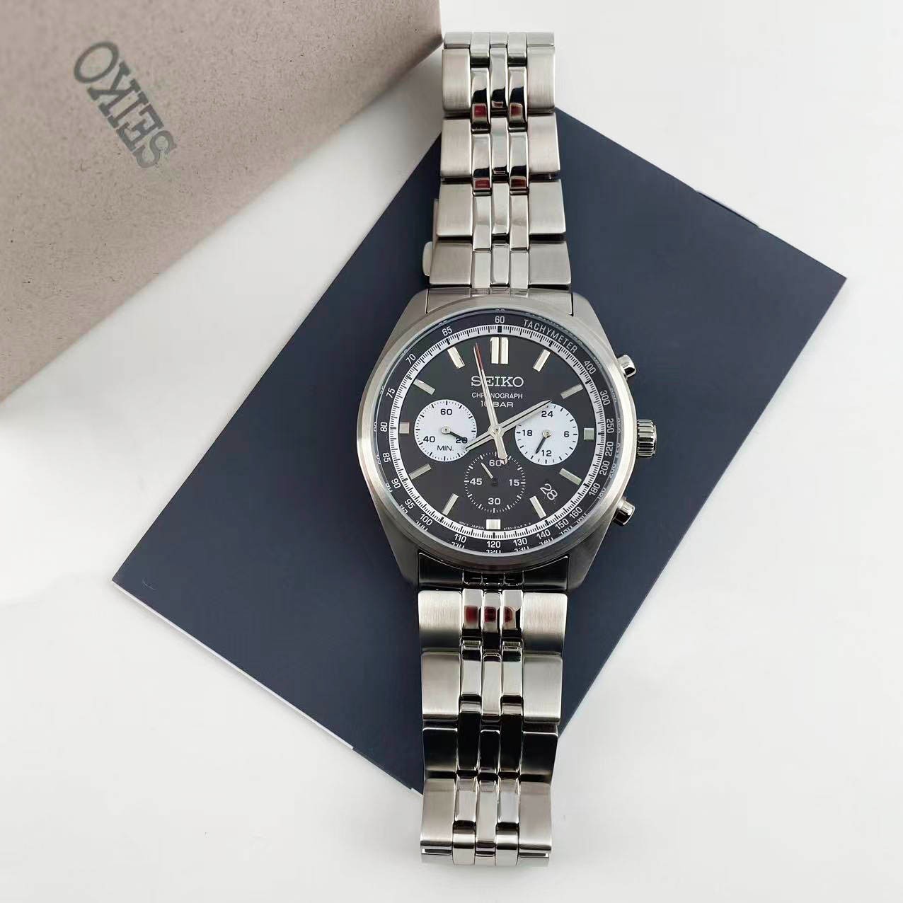 New Seiko Essentials SSB429 Black Dial Stainless Steel Men’s Quartz Watch 41.5mm