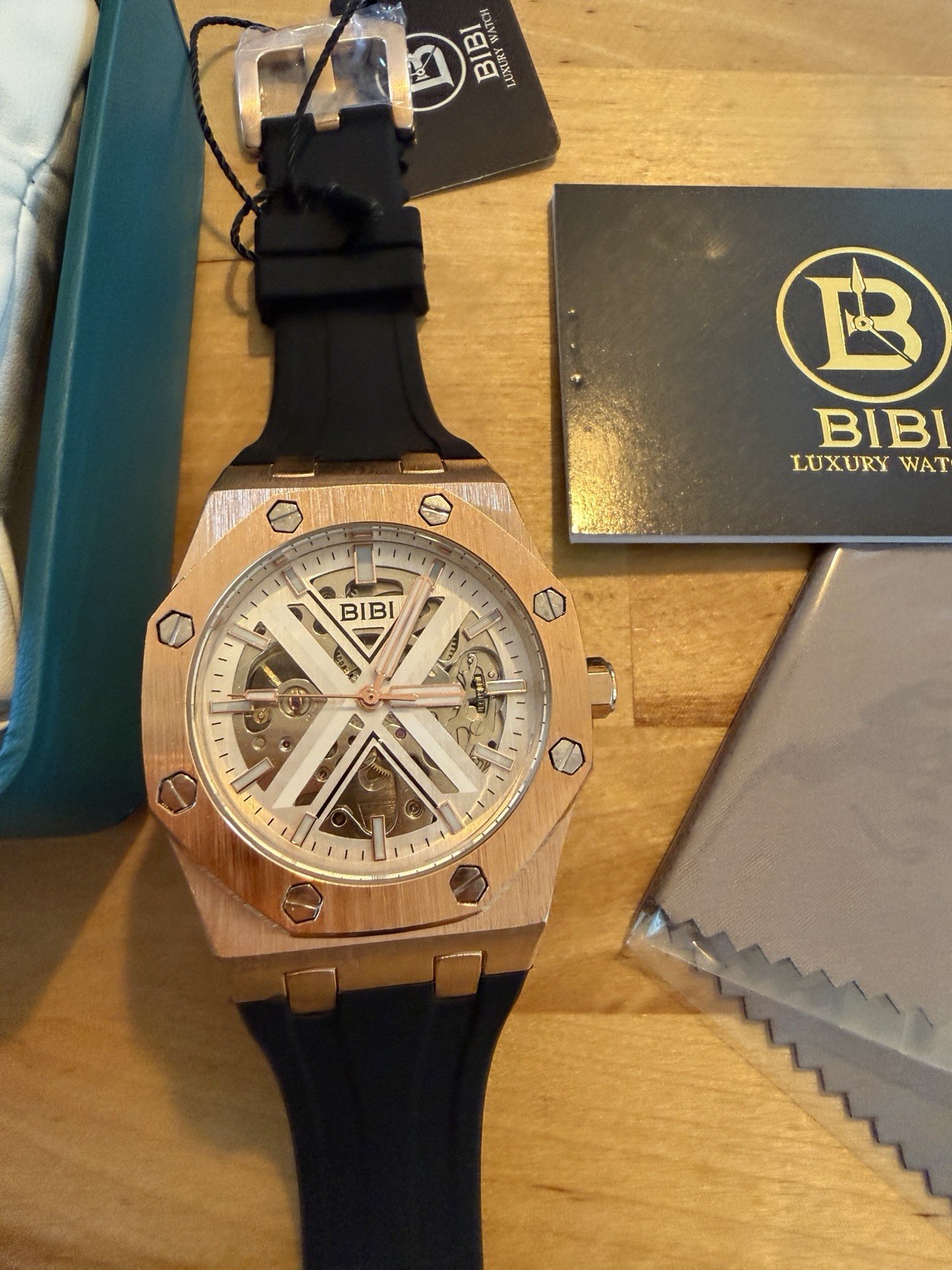 BIBI Automatic Skeleton Watch Rose Gold 42mm Octagon, Black Rubber, Box