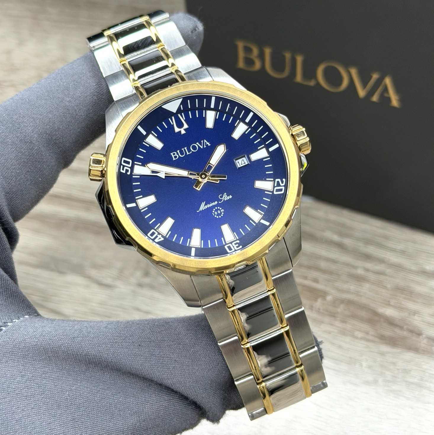 SPORT✅ Bulova Marine Star Blue Dial Calendar Two-Tone Men’s Watch 43mm 98B384