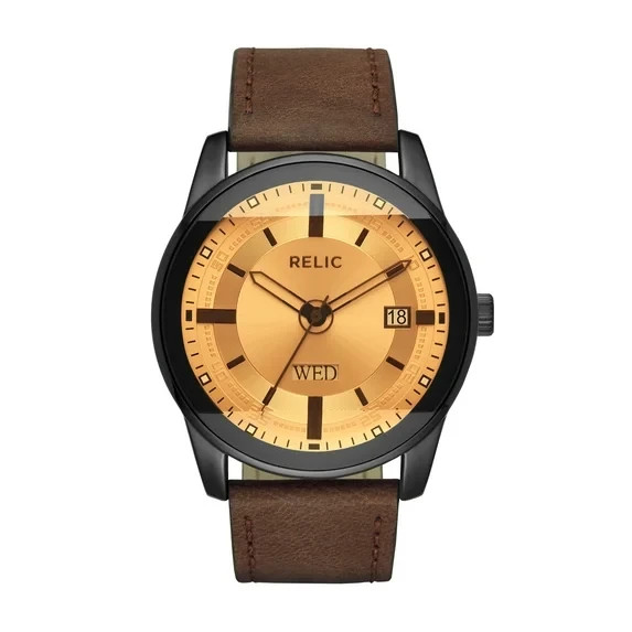 Relic By Fossil Mens Brown Leather Strap Watch ZR12229 Amber Face