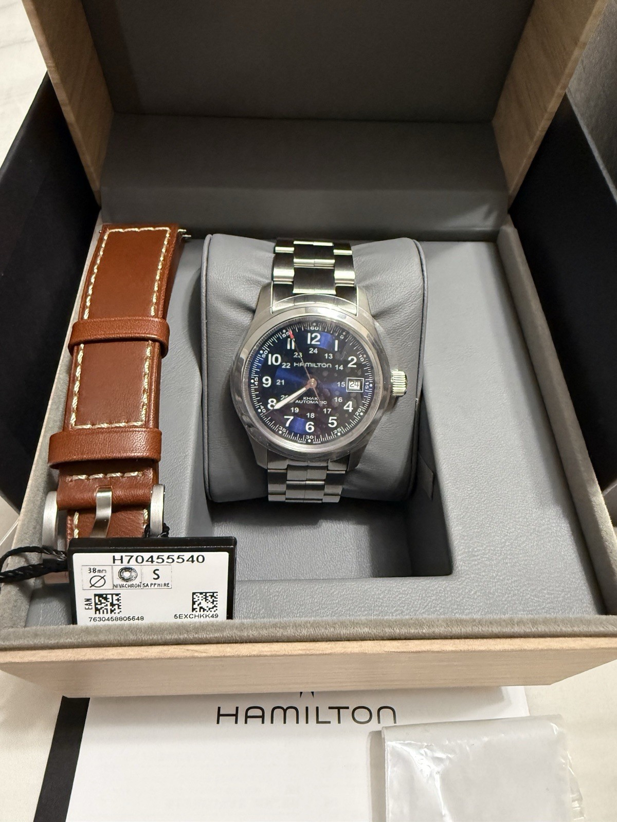 Hamilton Khaki Field automatic, 38mm blue dial, Leather Strap And Steel Bracelet