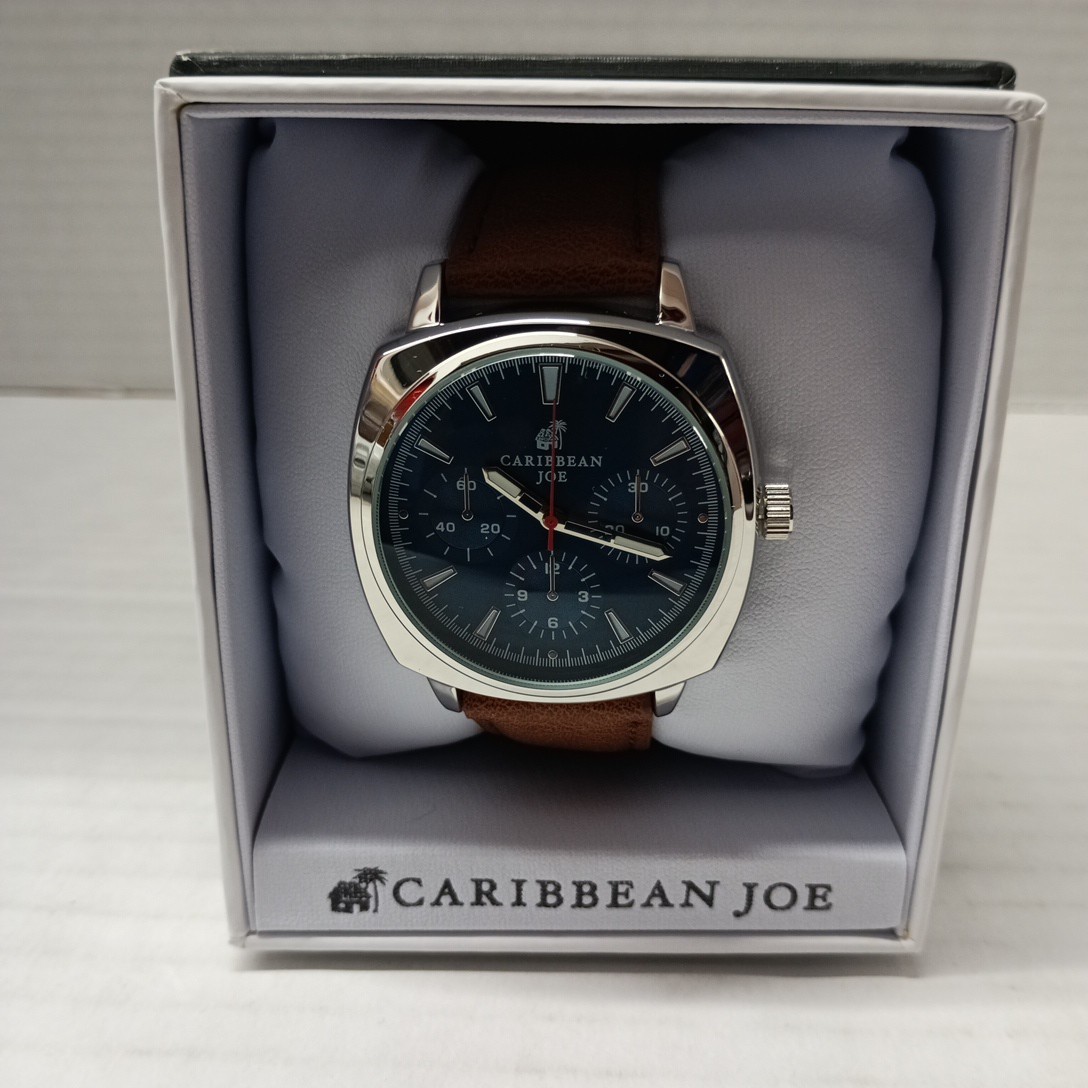 Caribbean Joe Watch Men 44mm Case Brown Band Blue Dial Silver Tone w/ Box