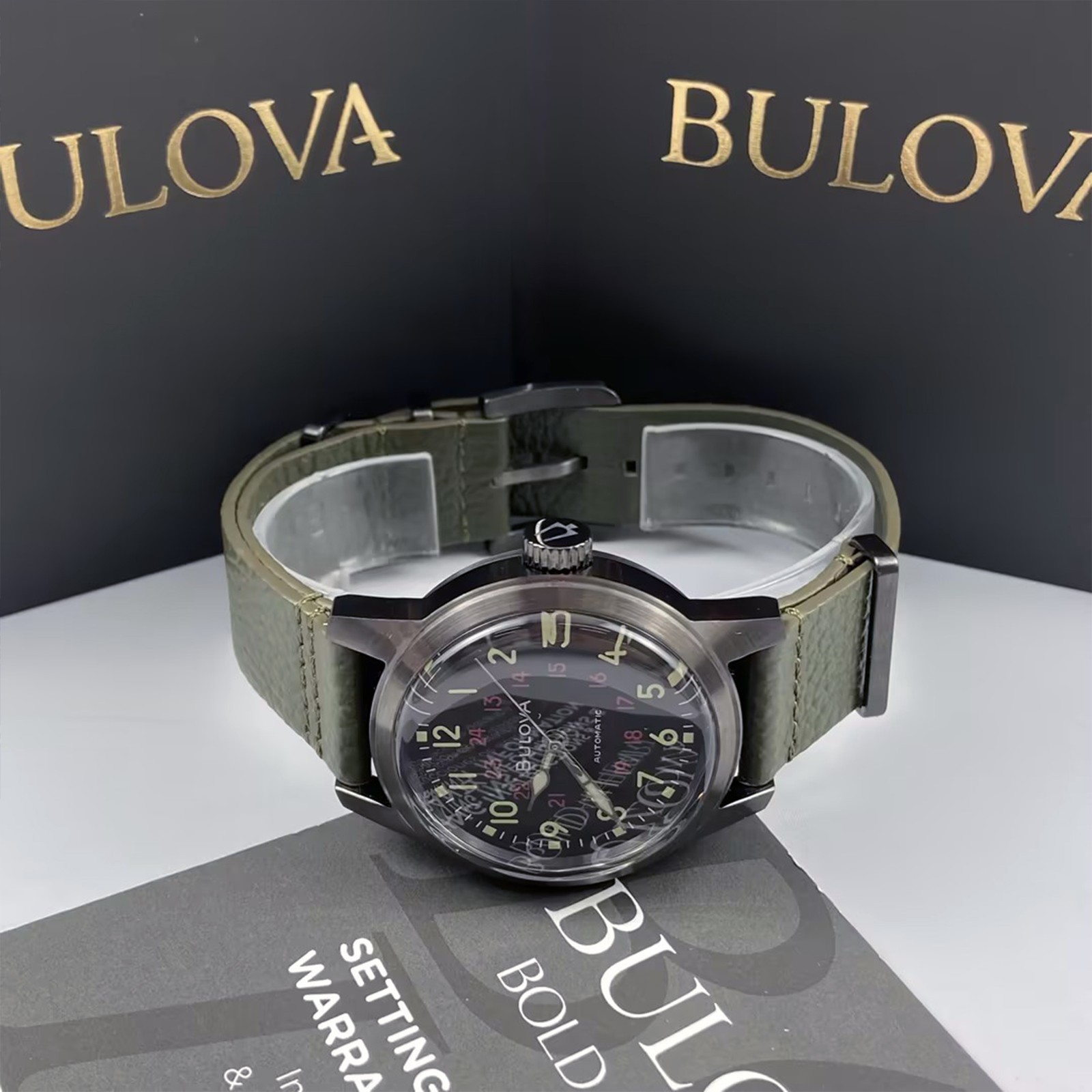 Bulova Special Edition 98A255 Black Dial Green Leather Men Automatic Watch 38MM