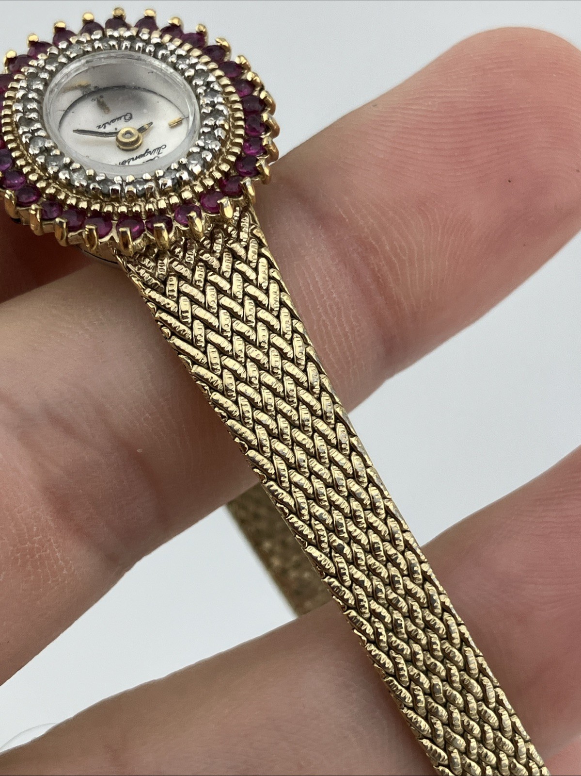 Vtg Jules Jurgensen Ladies 20mm Watch Gold Tone Diamon & Ruby Bezel Adjust -RUNS