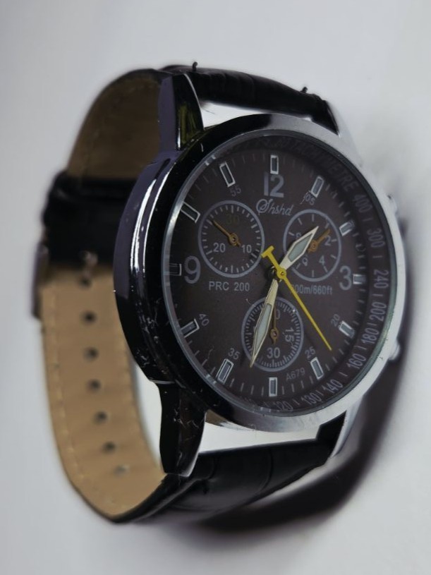 Men’s Quartz Chronograph Style Watch Black Dial Black Leather Strap