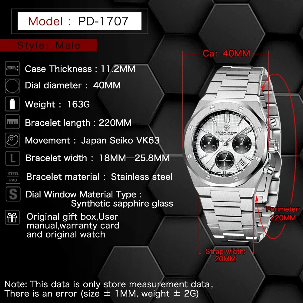 PAGANI DESIGN 2024 New Stainless Steel Watch Luxury Sports Chronograph Quartz
