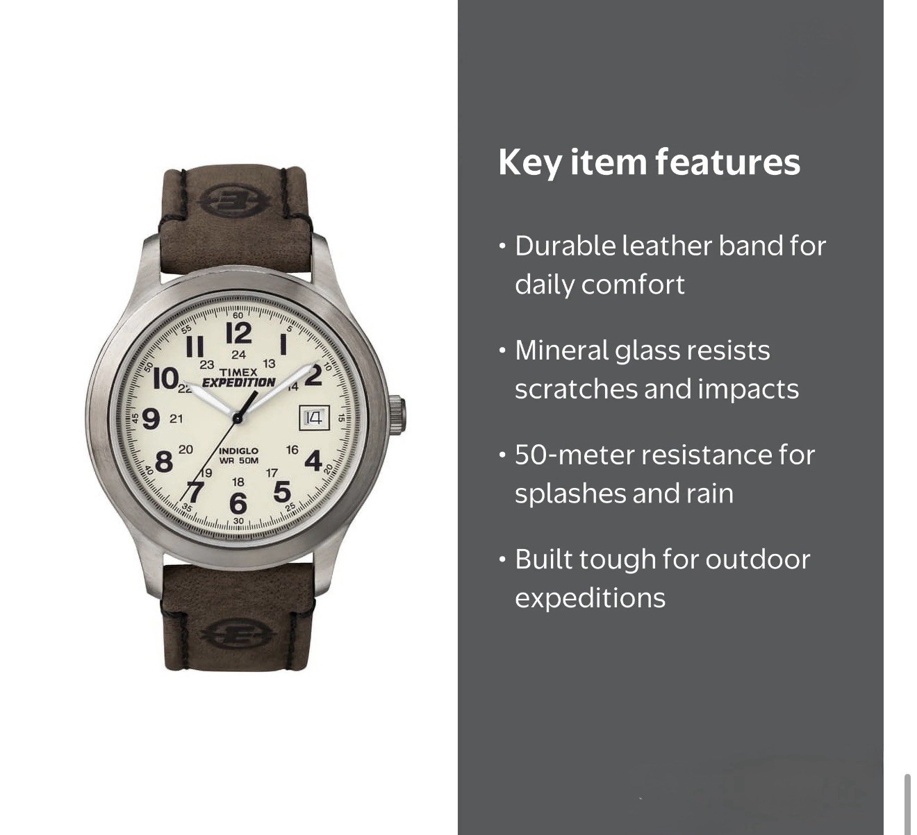 Timex Men’s Expedition Quartz Watch White Dial Brown Leather Strap Date 50m