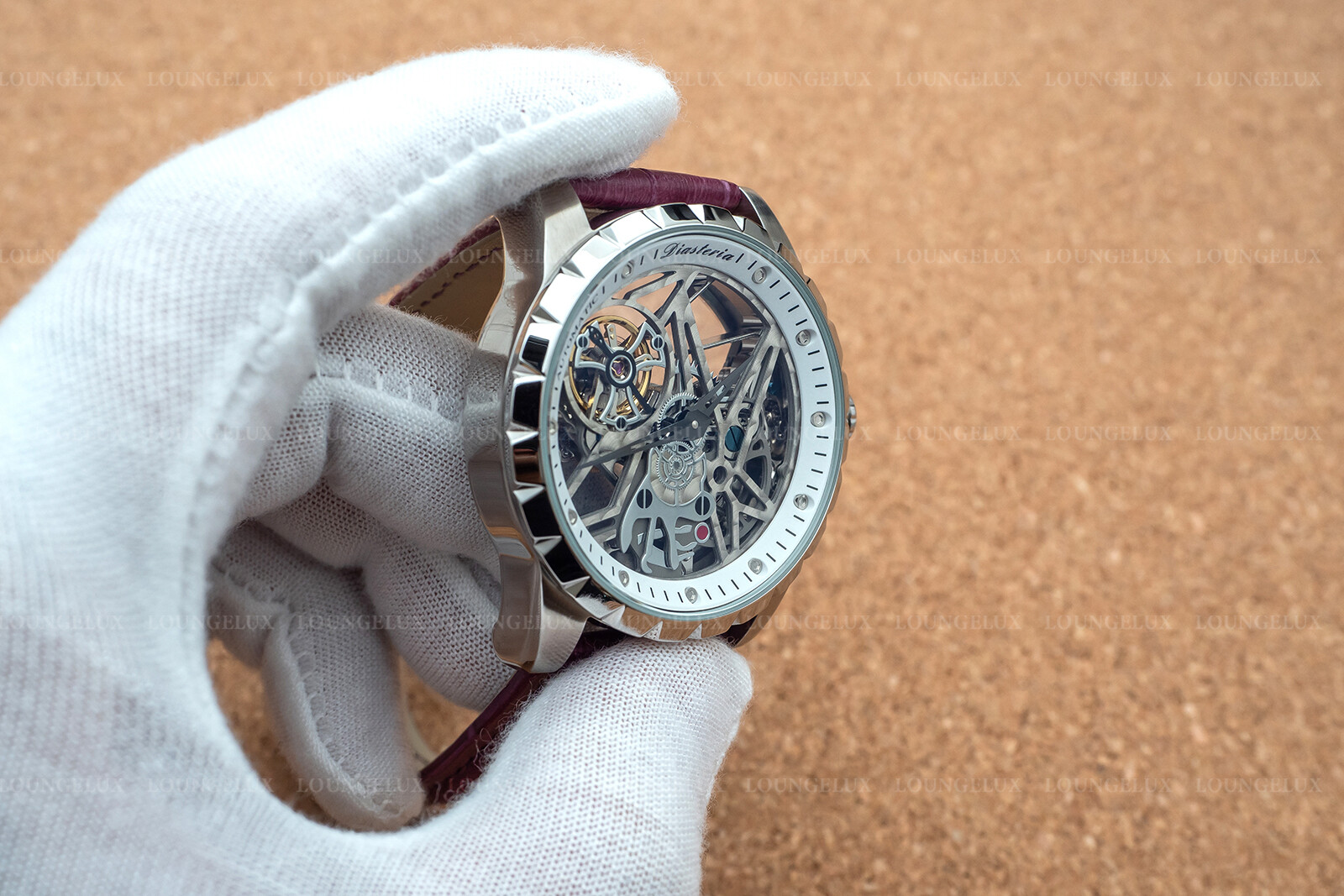 Mens Silver Flywheel Skeleton Automatic Mechanical Watch Purple Leather