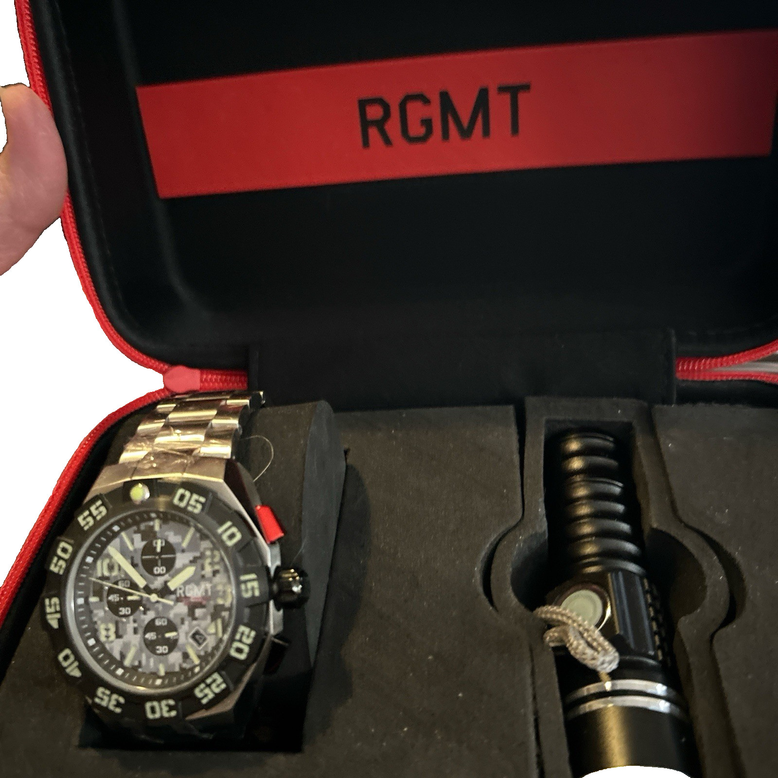 Watch RGMT Chronograph Silver w/ Black & Wh Face Rechargable LED Torch Included