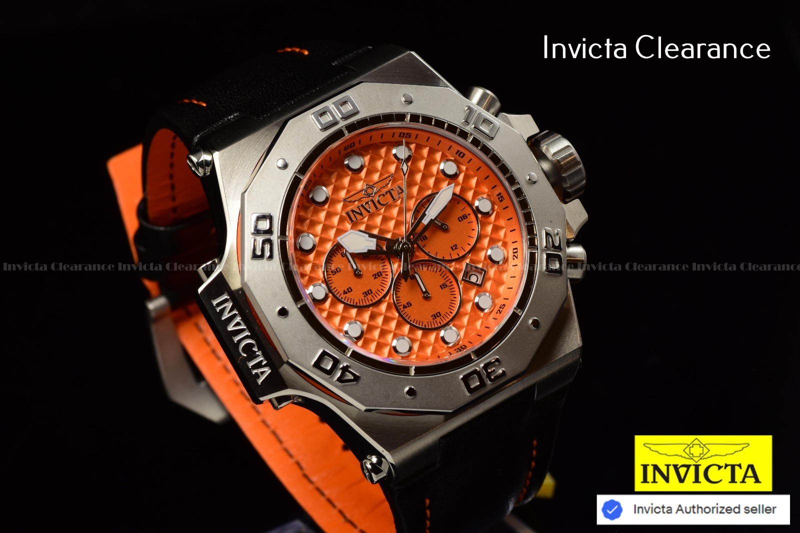 Invicta Men’s AKULA 58mm Chrono Quartz Orange Dial Black Leather 300m Watch