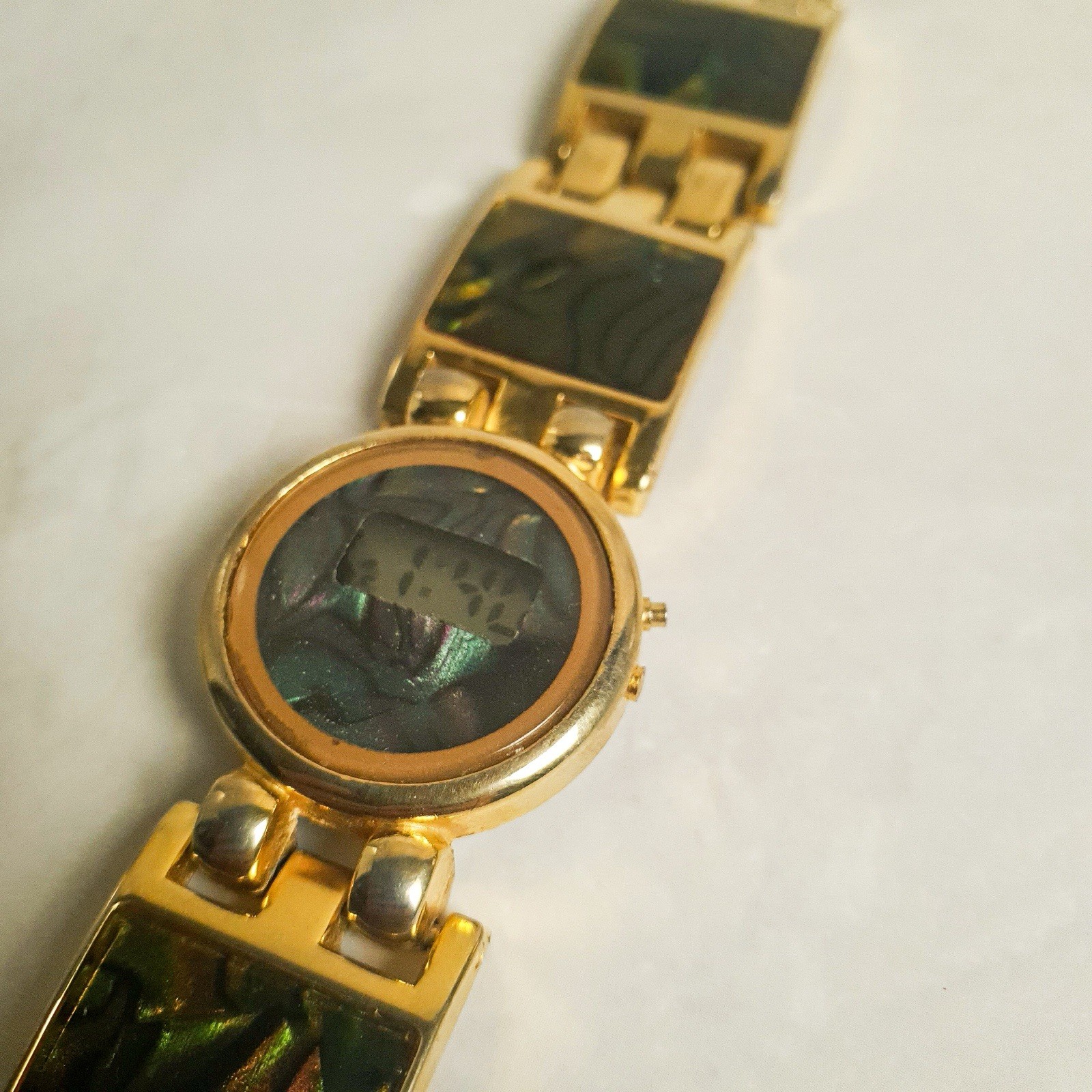 Vintage Ladies Gold Tone Digital Bracelet Watch Abalone Effect Working New Batt