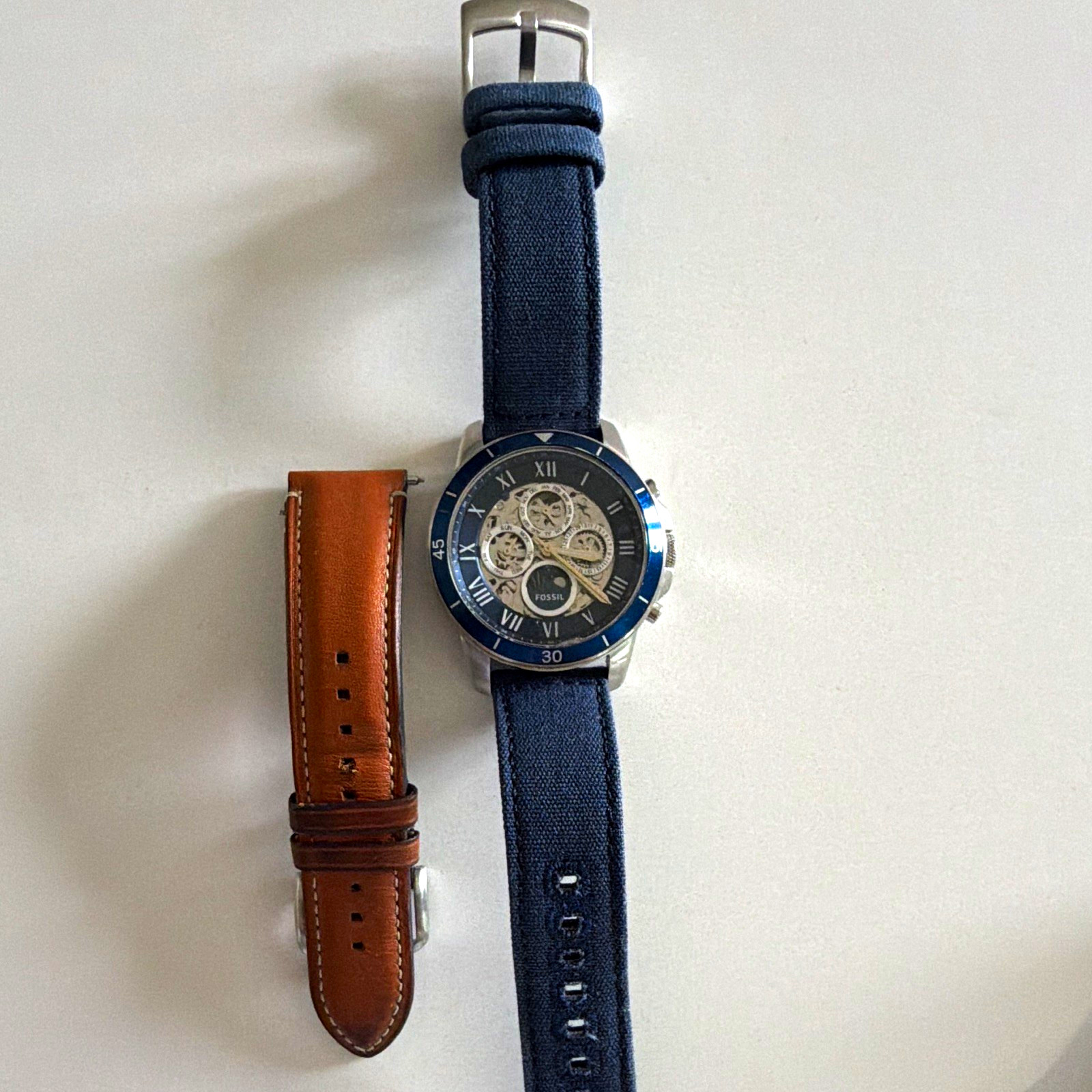 Fossil Men’s Automatic ME3140 Annual Calendar with Blue Cloth and Leather Strap