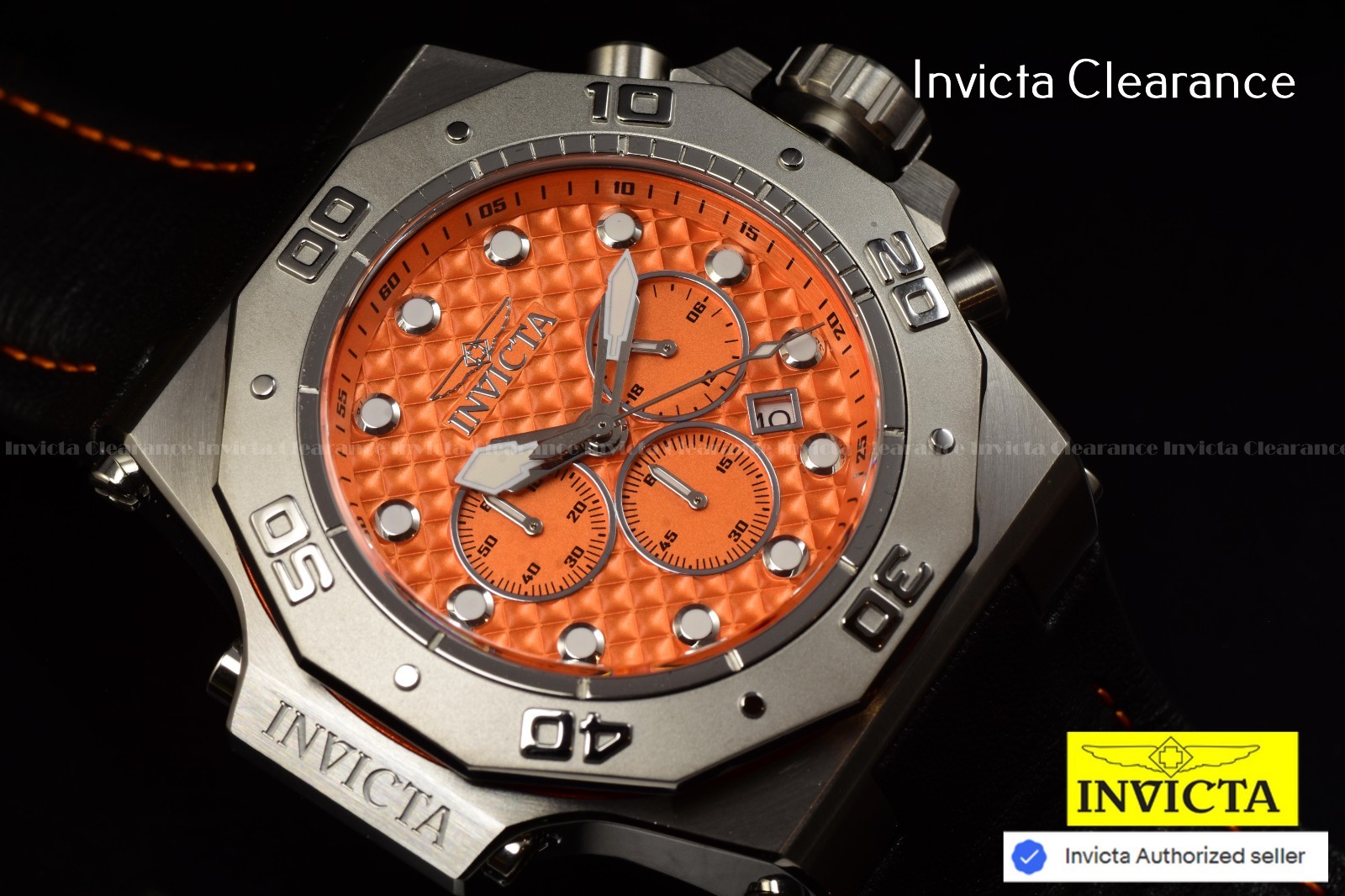 Invicta Men’s AKULA 58mm Chrono Quartz Orange Dial Black Leather 300m Watch