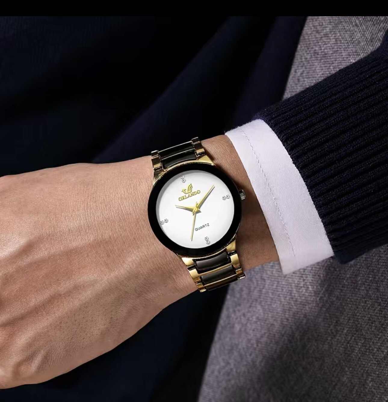 Men’s British Style Golden Steel Strap Pointer Plated Diamond Quartz Watch