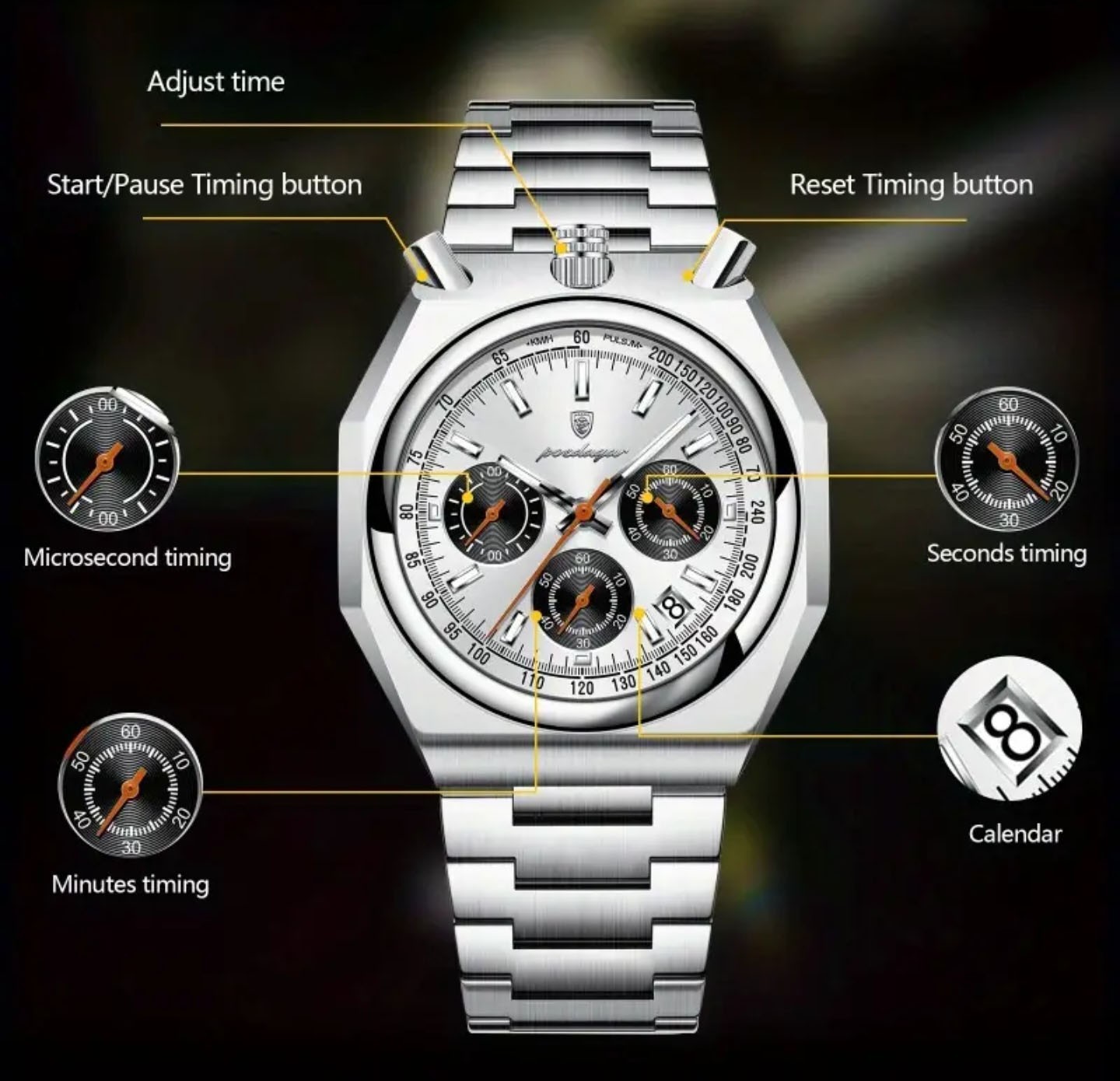 Men’s Retro Vintage Design Bullhead Octagon Chronograph Racing Driver 43mm Watch