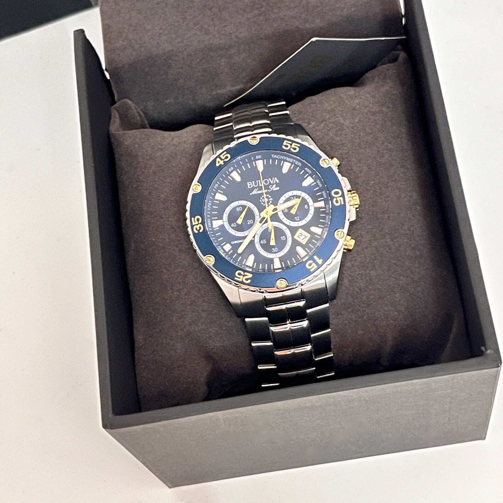 Bulova Marine Star 98B400 Blue Dial Stainless Steel Chronograph Men’s Watch New