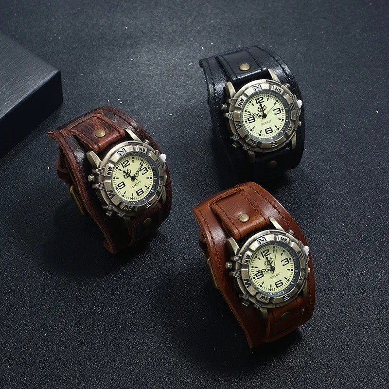 Vintage Retro Leather Cuff Bracelet Wide Band Steampunk Mens Quartz Wrist Watch