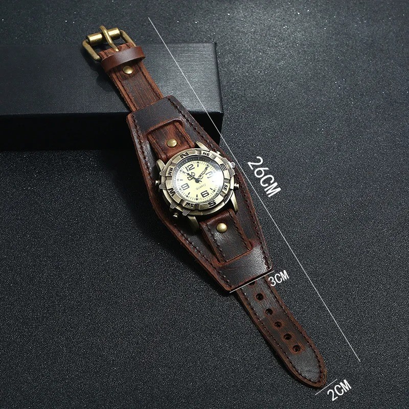 Vintage Retro Leather Cuff Bracelet Wide Band Steampunk Mens Quartz Wrist Watch