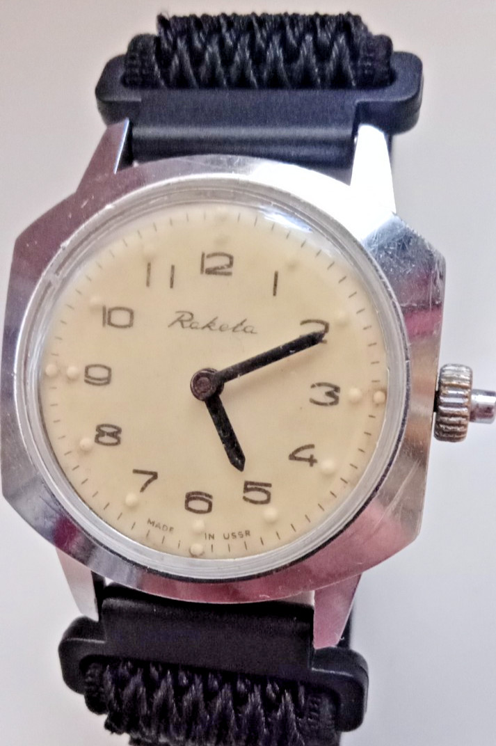 Vintage Soviet mechanical men’s Raketa watch for the blind. USSR. Running