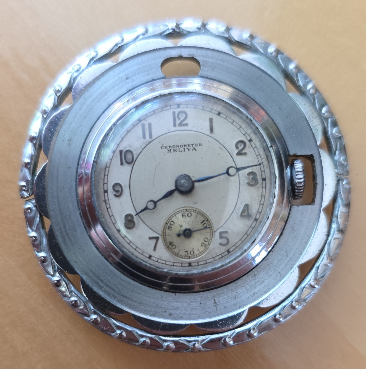 Meliya Chronometer Vintage Manual Wind Small Seconds Silver Tone White Dial